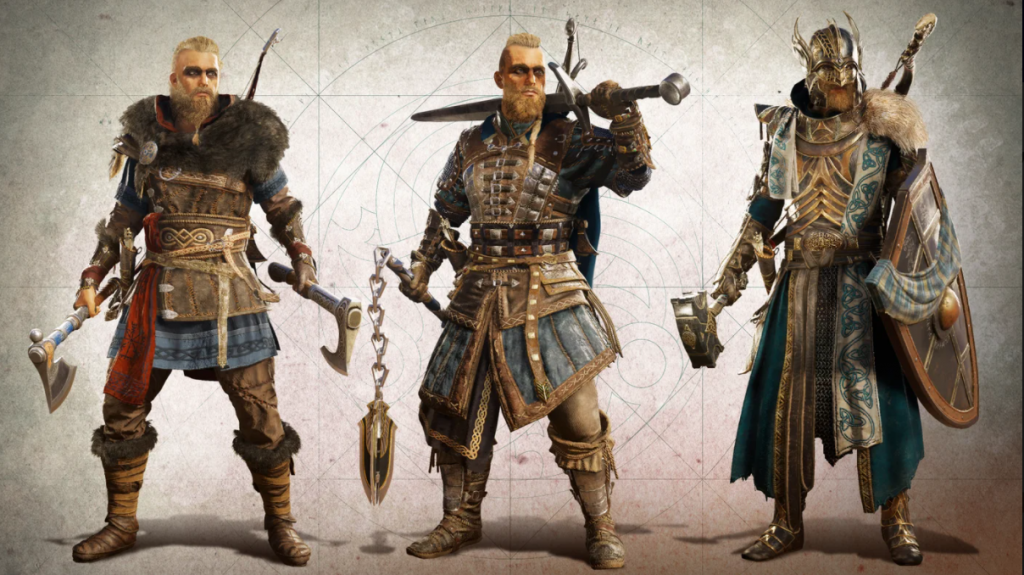 Assassin's Creed Valhalla : Eivor com diferentes vestimentas e armas